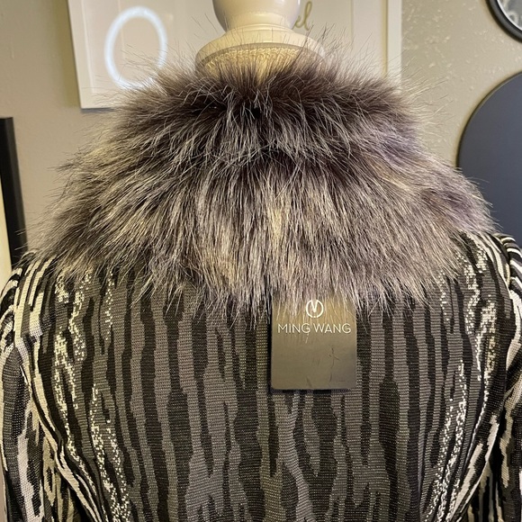 Ming Wang Gray Animal Printed Fur Collar Knit Jacket XS - Picture 8 of 11